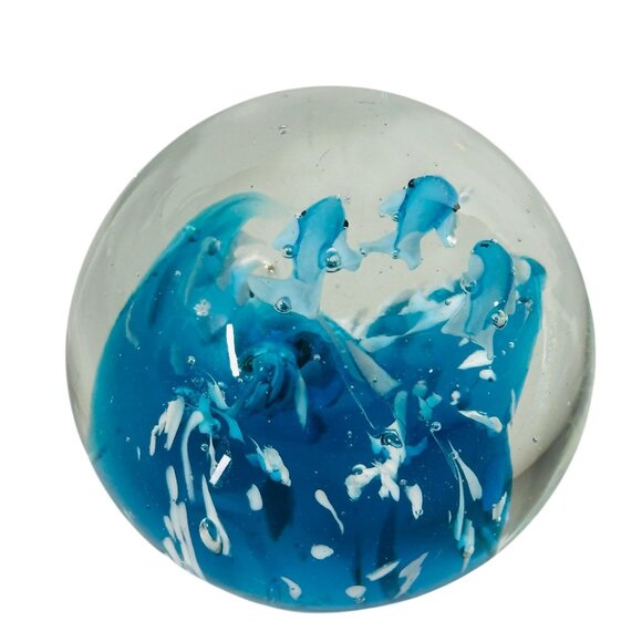 Art Glass Clear Round Paperweight with Controlled Bubbles Waves 3 Blue Dolphins - Picture 6 of 16